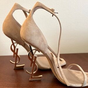 Yves Saint Laurent Beige Strappy Heels with Gold Logo